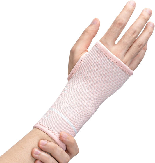 INDEEMAX Copper Wrist Compression Sleeve 1 Pair, Comfortable Hand Brace Support for Arthritis, Tendonitis, Sprains, Workout, Carpal Tunnel - Left & Right - Women and Men (Pink, L)