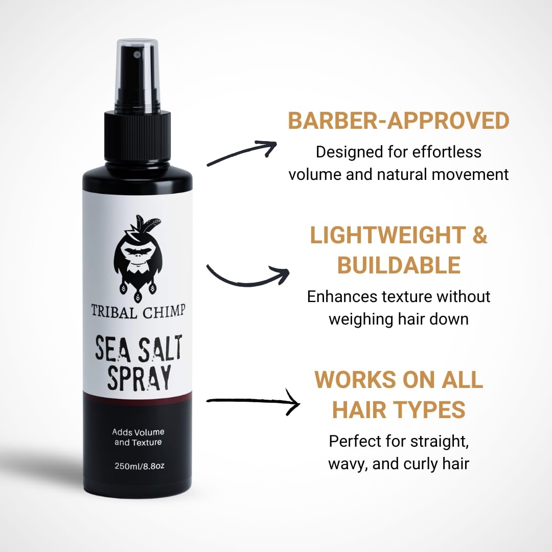 Tribal Chimp Sea Salt Spray for Men 250ml – Sea Salt Hair Spray for Volumizing, Thickening & Texturizing Hair of All Types – Strong Extra Hold, Natural, Non-Toxic & Alcohol Free Hairspray