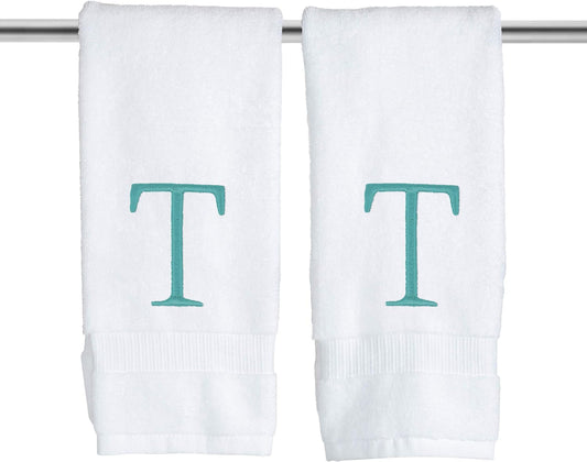Teal and White Bathroom Hand Towel - Monogrammed Luxury Hotel Quality Decorative Embroidered Towel for Powder Room, Spa - GOTS Organic Certified - Pack of 2, Letter T