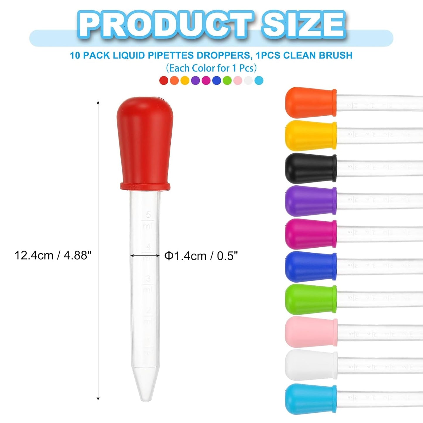 PATIKIL 10 Pack Liquid Pipettes Droppers, 5ml Silicone Liquid Dropper with A Clean Brush for Water Milk Candy Kitchen Gelatin Oil Crafts(10 Colors)