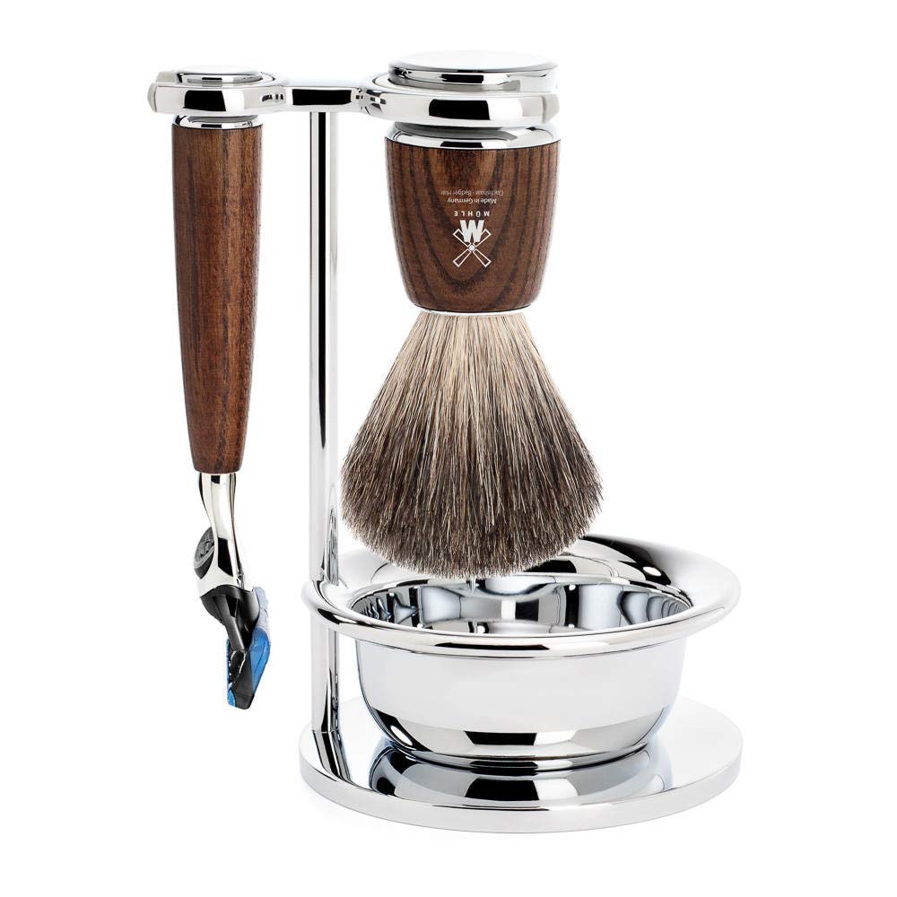 MÜHLE RYTMO Steamed Ash 4-piece Pure Badger 5-Blade Razor Modern Luxury Wet Shaving Set - Perfect for Every Day Use, Barbershop Quality Close Smooth Shave