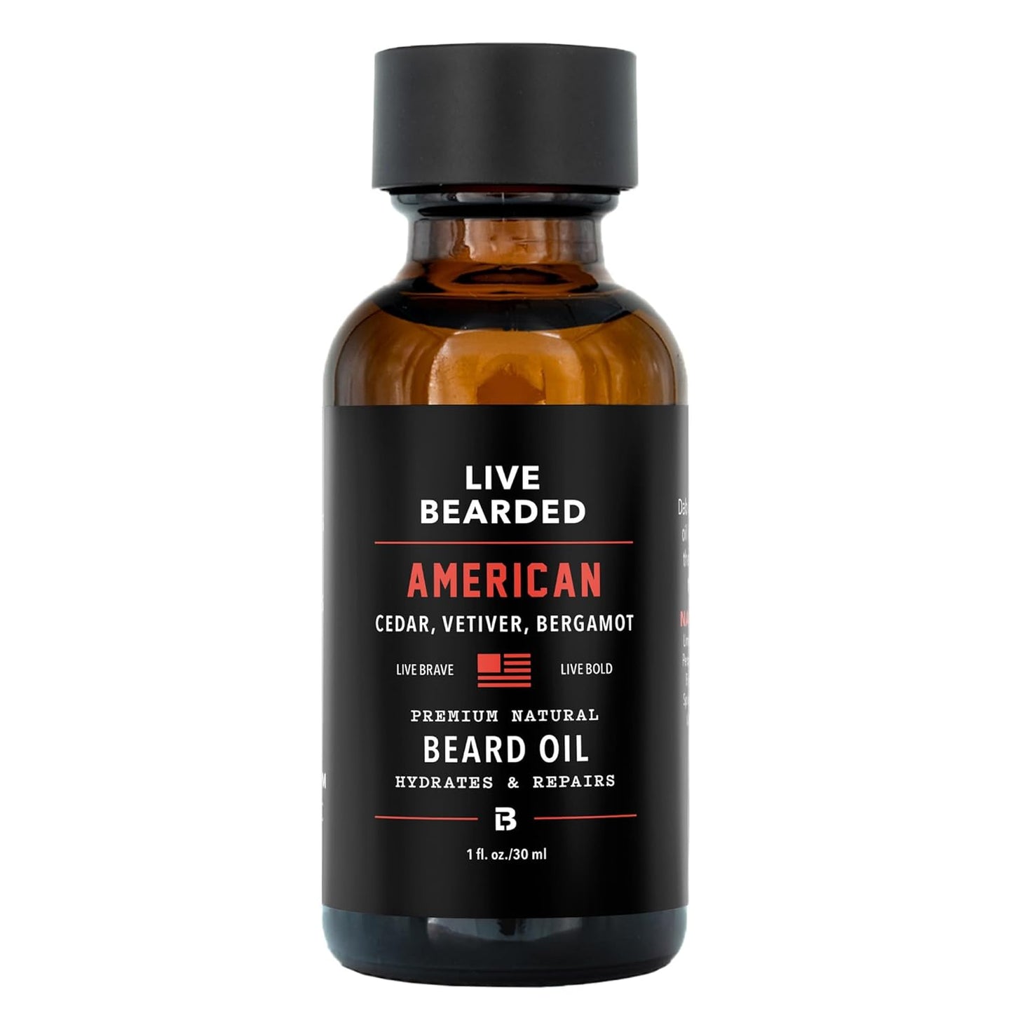 Live Bearded: Premium All-Natural Beard Oil for Men with Jojoba Oil Beard Care - 1 fl oz - Made in the USA - Beard Oil for Dry Flaky Skin - American Scent: Cedar, Vetiver, Bergamont