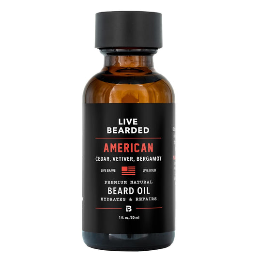 Live Bearded: Premium All-Natural Beard Oil for Men with Jojoba Oil Beard Care - 1 fl oz - Made in the USA - Beard Oil for Dry Flaky Skin - American Scent: Cedar, Vetiver, Bergamont