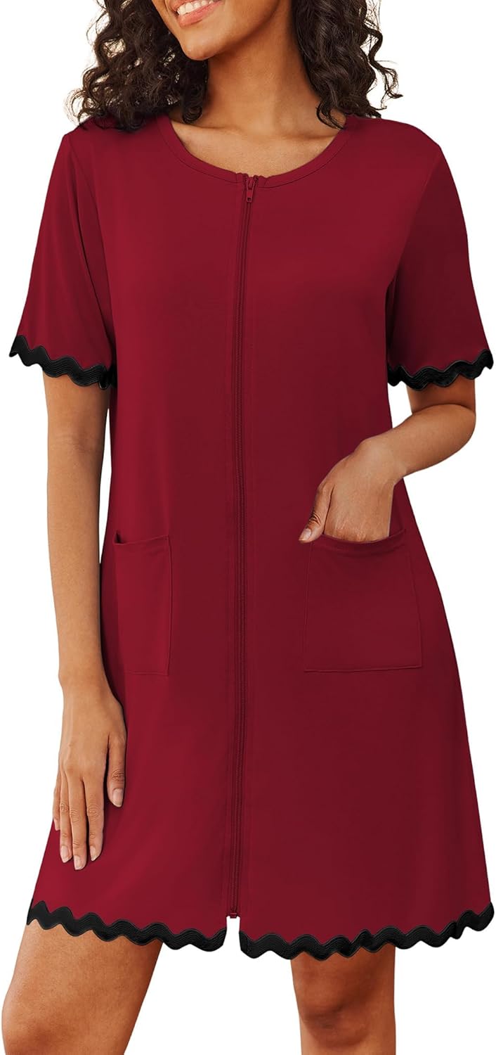 Ekouaer Women Zip Up Robe Lightweight Housecoats with Pockets Knee Length Short Bathrobes Soft Nightgown S-3XL