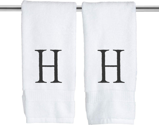 White and Black Monogrammed Hand Towel - Monogram Initial Hotel Quality Decorative Embroidered Luxury Towel for Powder Room, Spa - GOTS Organic Certified - Set of 2 Letter H