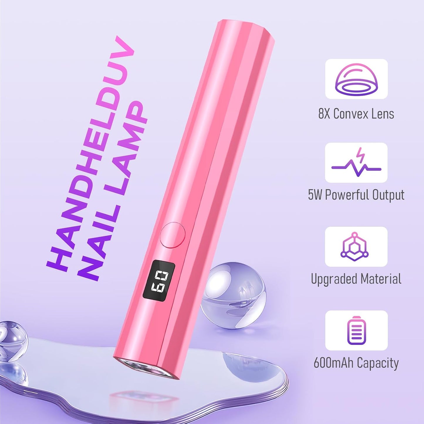 Handheld UV Nail Lamp, 5W Sparkly UV Light for Gel Nails, Portable LED Nail Lamp, Mini Nail Dryer with LCD Screen, USB Nail Light for Fast Curing (Pink)