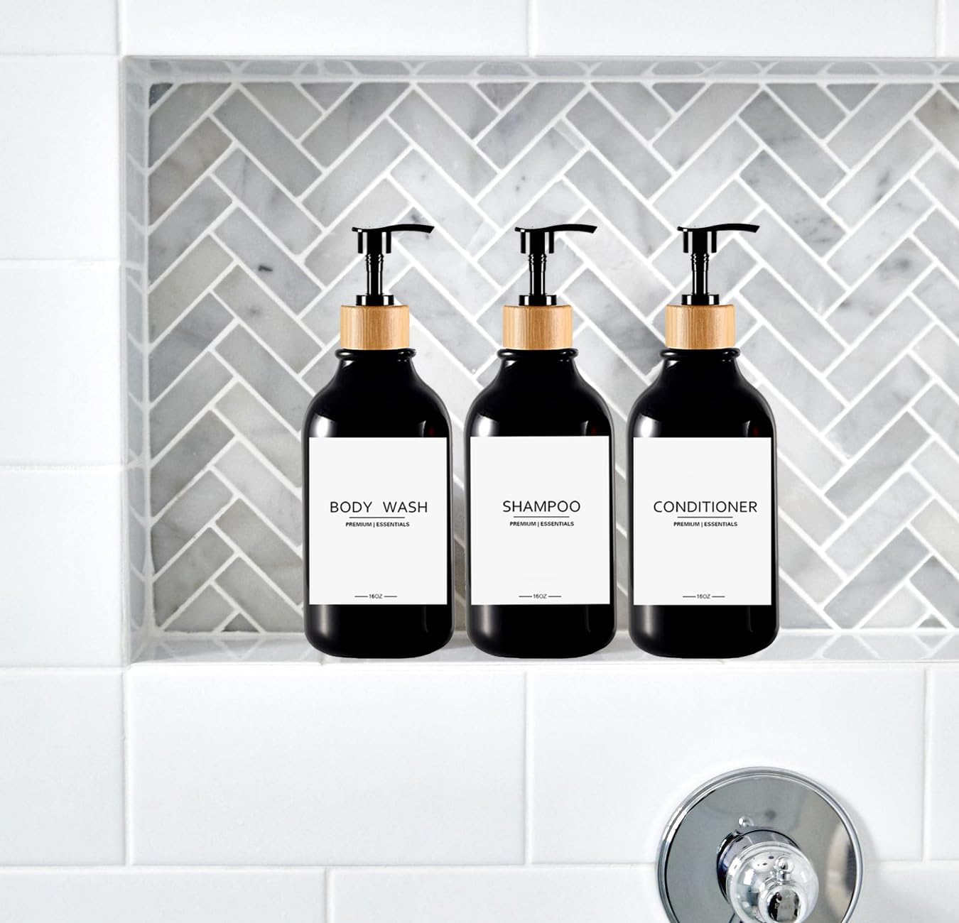 Shower Shampoo and Conditioner Bottles, Apothecary Dispenser Bamboo Pump, Refillable Bottles for Lotion Oil Hand Soap and Dish Soap, Plastic Set (3 Bottles 9 Labels) (6, Black)