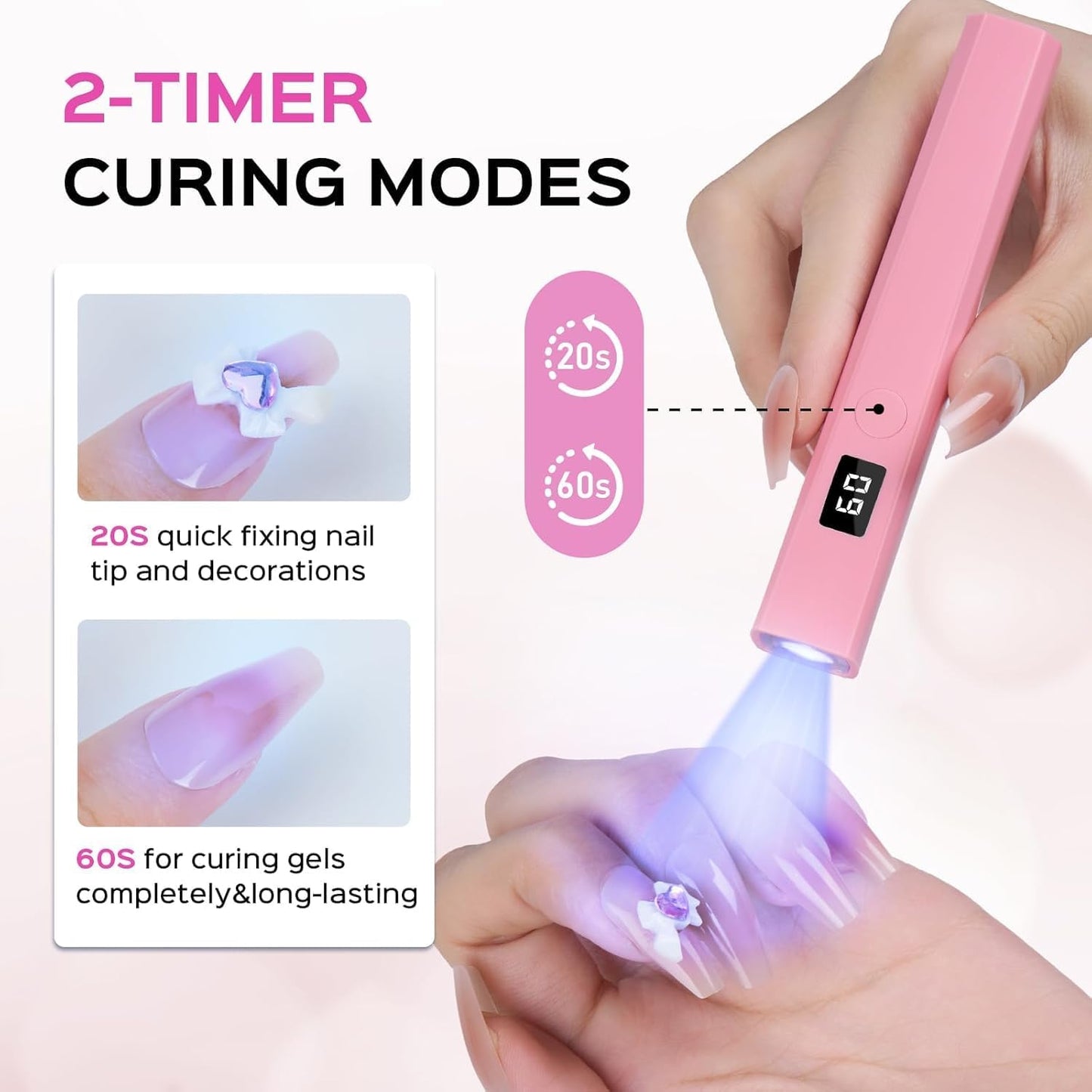 Handheld UV Light for Gel Nails, 5W Portable LED Lamp with LCD Screen, Mini Dryer, USB Fast Curing (Pink)