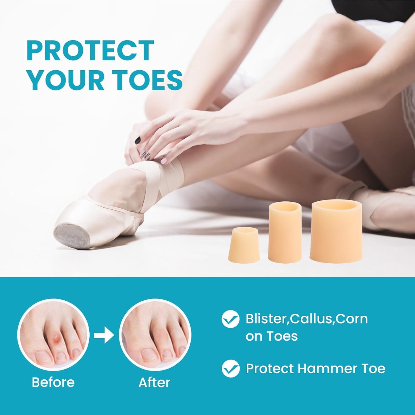 Povihome Toe Sleeves, Toe Protectors, 12 Pack Toe Tube Pads for Hammer Toe,Stubbed Toe,Corns, Calluses Protect (3 Different Sizes, Beige)