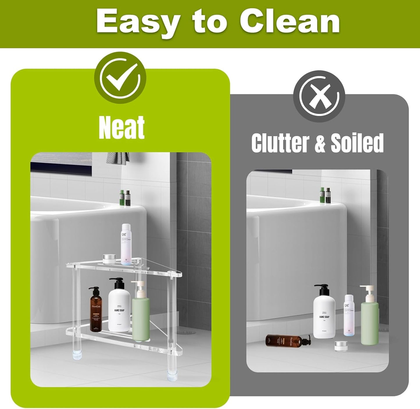 Acrylic Corner Shower Stool for Shaving Legs 14.3''H Clear Waterproof Foot Rest with Storage Shelf Triangle Shower Bench for Small Inside Spaces