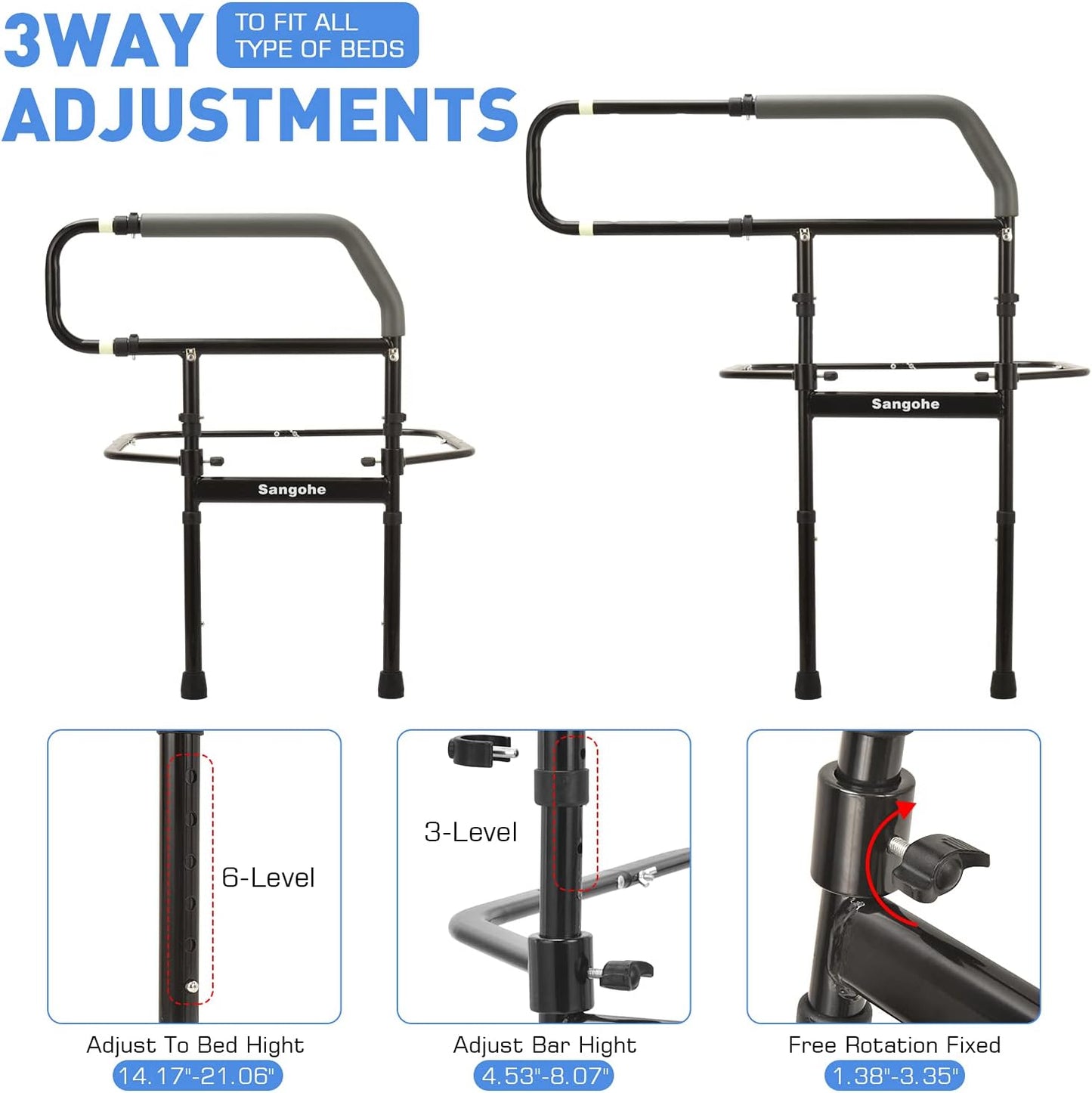 Sangohe Bed Rail for Elderly, Bed Assist Grab Bar Handle with Storage Pocket, Safety Bed Rails for Elderly Adults Getting in & Out of Bed at Home and Dorm - Fit King, Queen, Full, Twin