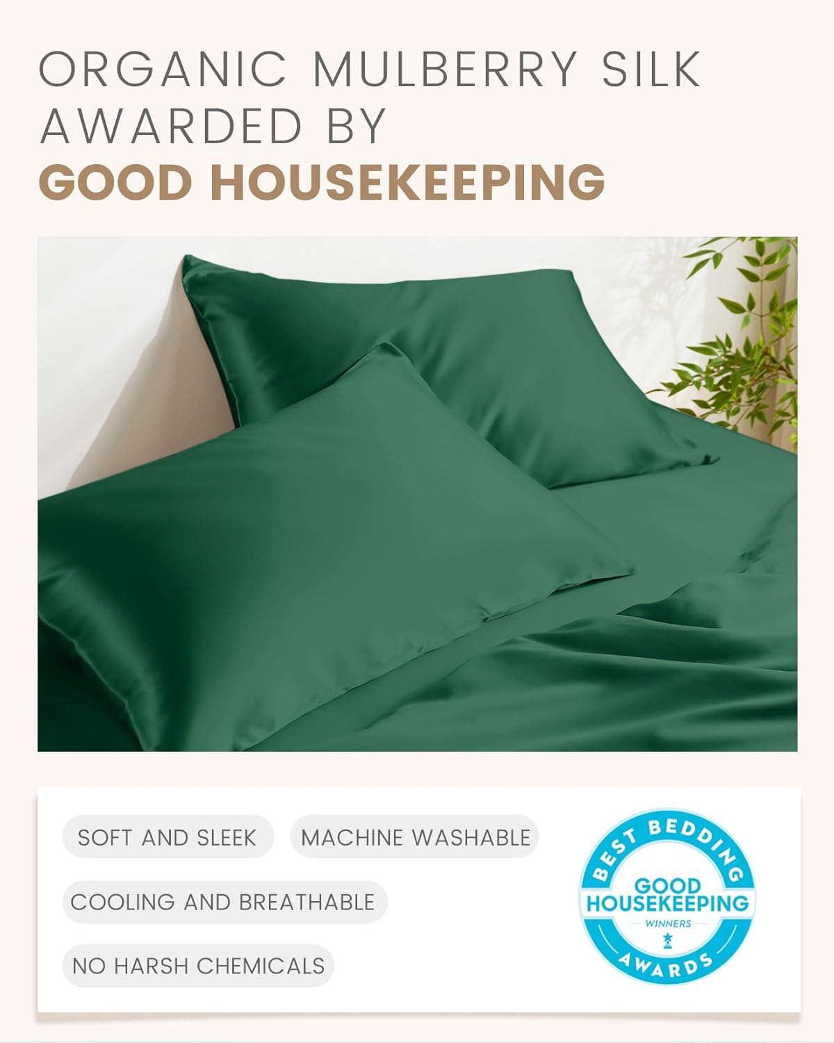 THXSILK Set of 2 100% Pure Mulberry Silk Pillowcase for Hair and Skin, 6A+ Grade Mulberry Silk Pillow Case Queen Size 20"x30", Real Silk Pillowcase with Zipper (Emerald Green)