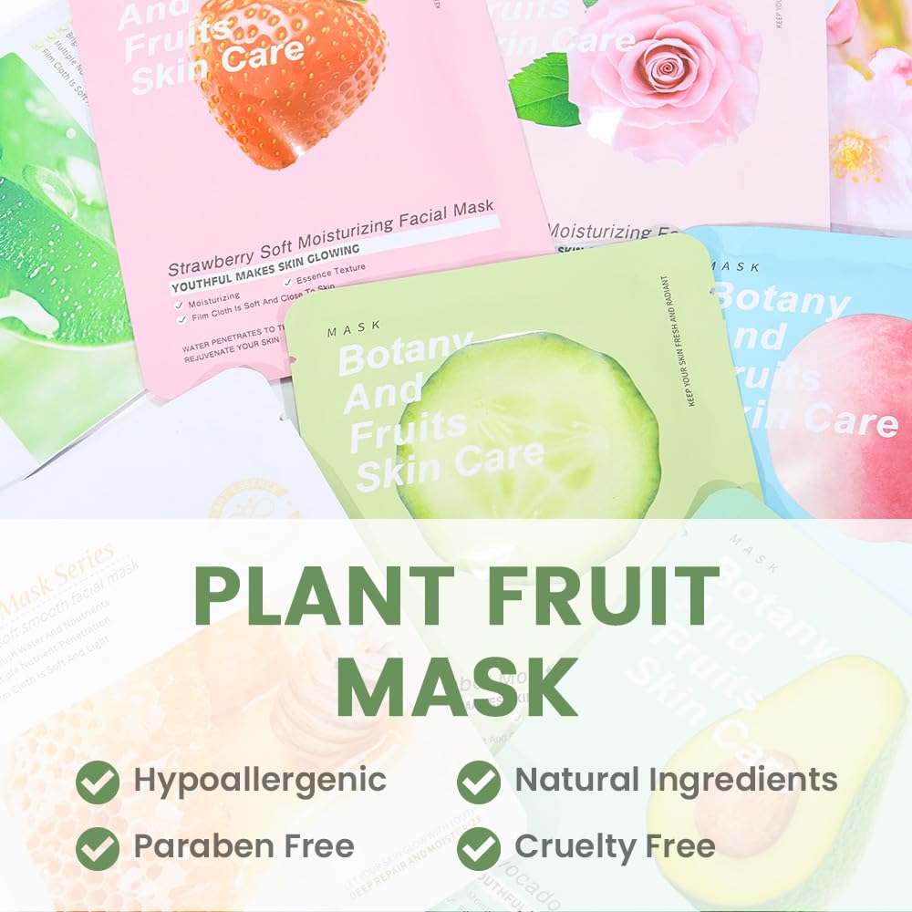 8 Pack Plants Fruits Face Sheet Mask Skincare,Hydrating Face Mask For Sensitive Skin,Moisturize,Soothing,Nourish for All Skin Types,Natural Spa Party Facial Mask Skincare Set for Women Men Girls