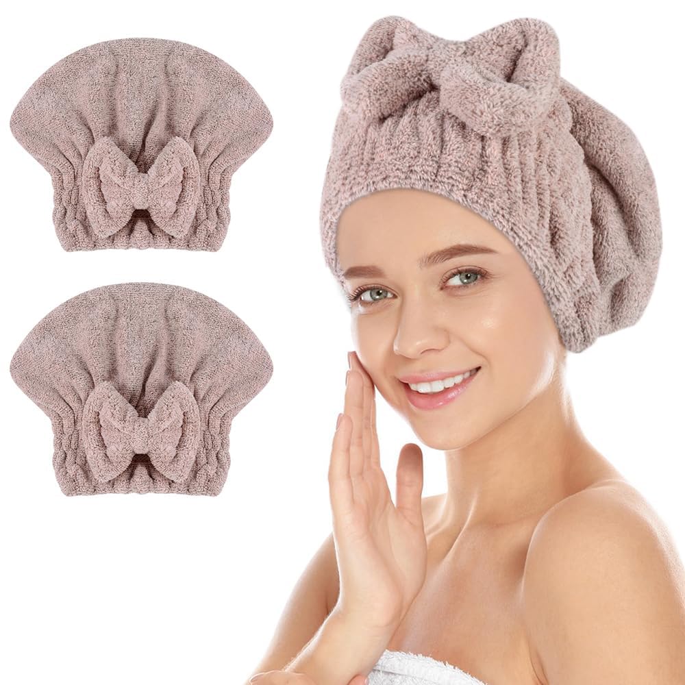 SUNLAND Large Microfiber Hair Drying Caps with Bow knot Fast Drying Shower Cap Soft and Absorbent hairWrap Hair Turban Bath Caps for Curly Thick and wet Hair 11 X 13.4 inch 2 Pack Brown