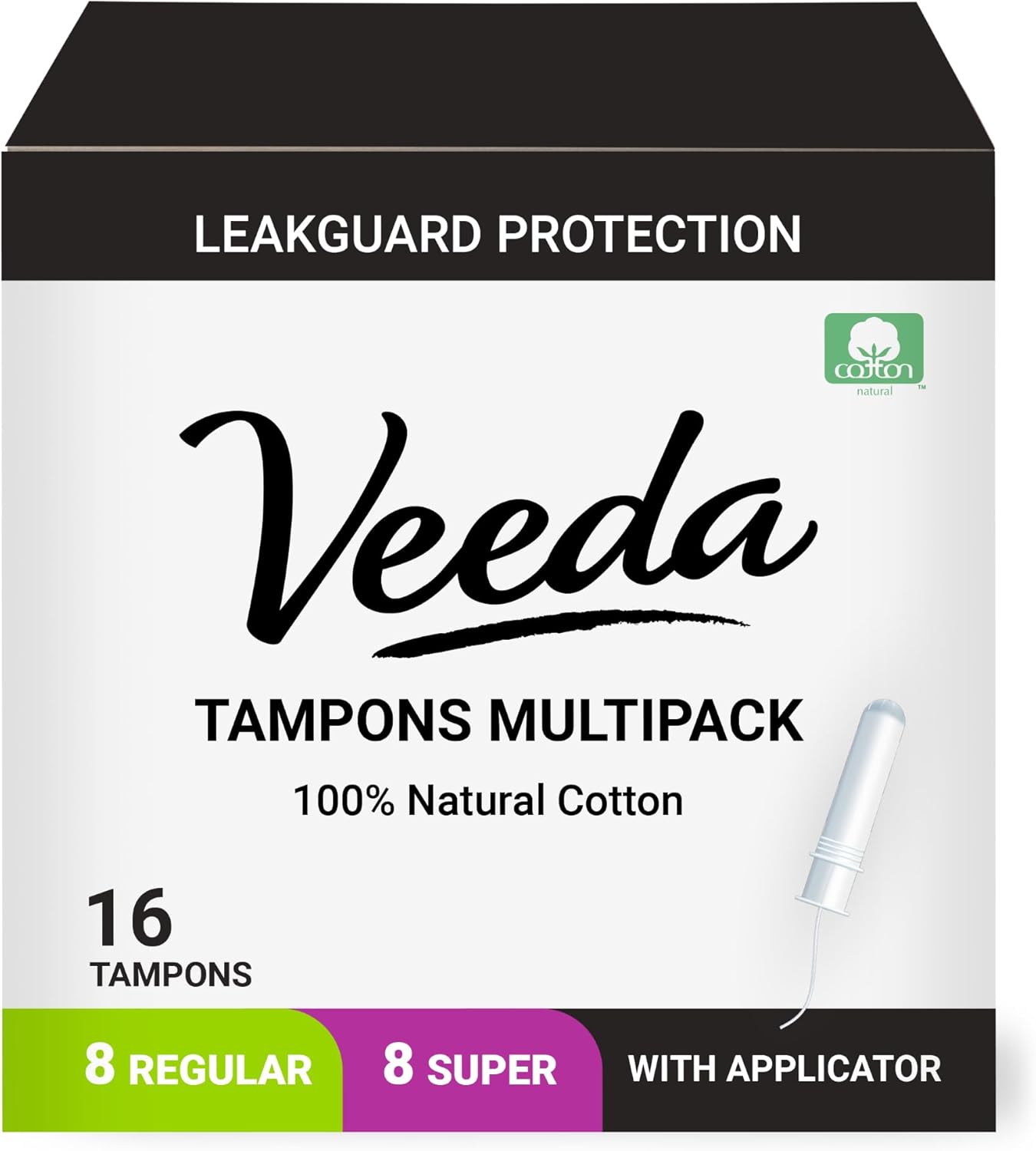 Veeda 100% Natural Cotton Compact Regular and Super Tampons - Compact BPA-Free Applicator - Unscented, Chlorine & Toxin Free - 8 Count Regular & 8 Count Super