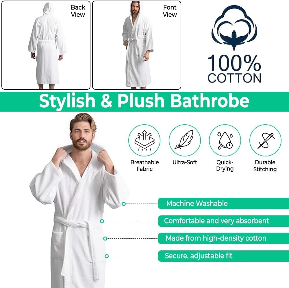 Men’s Hooded Bathrobe, 100% Cotton Terry Bathrobe, Spa Style Bath Robe, Absorbent Shower Robe, Lightweight Towel Bathrobes