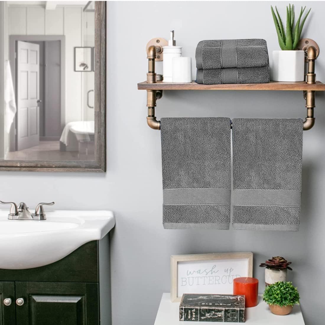 2 Pack Hand Towels for Bathroom (14 x 30 Inch)-100% Cotton Hand Towel, Highly Absorbent and Quick Dry Face Washcloth, Home Soft Premium Towel for Hotel, Bath, Kitchen and Spa(Gray)