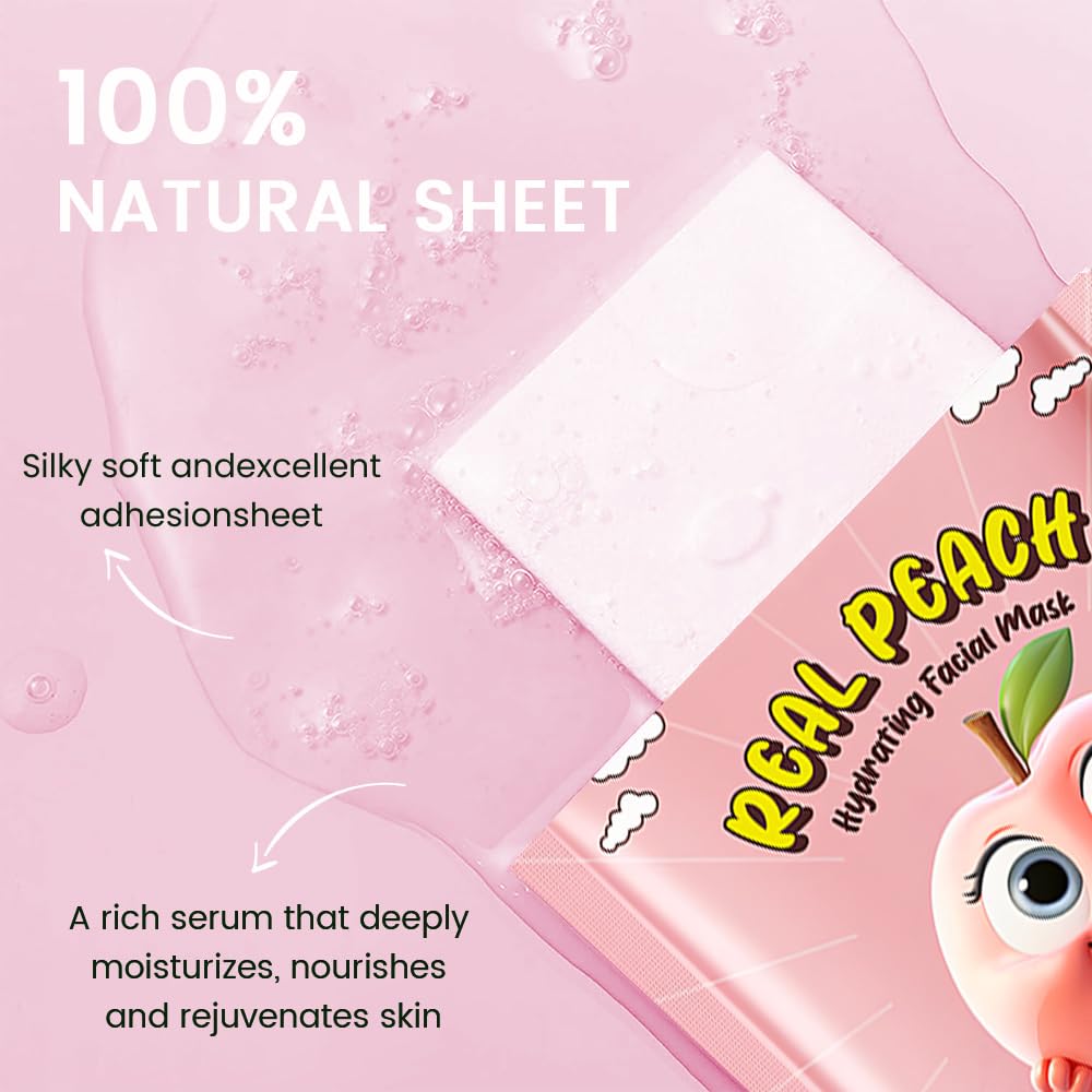 8 Pack Peach Kids Face Mask,Pink Face Masks Skincare Spa Day Kit Supplies,Spa Party Favors for Teens Girls Women,Sheet Facial Mask Skincare Gifts Set,Moisturize Soothe for All Skin Types