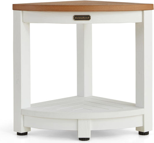 HDPS Corner Shower Stool for Shaving Leg, Waterproof Shower Bench Seat for Inside Shower, Poly Lumber Plastic Bath Shower Chair Seat, White+Brown, Weight Capacity 500LBS