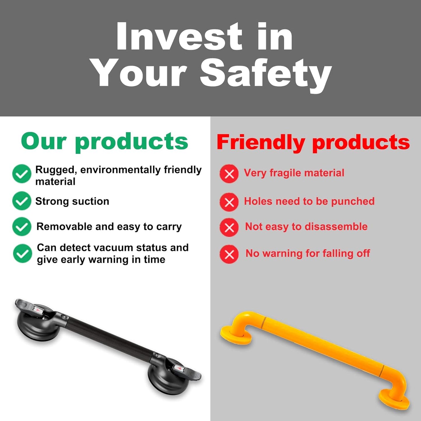 19-Inch Shower Handle - Upgraded Grab Bar with Strong Suction Cups for Bathtub & Shower Safety, Ideal for Seniors, Elderly, Disabled - Black