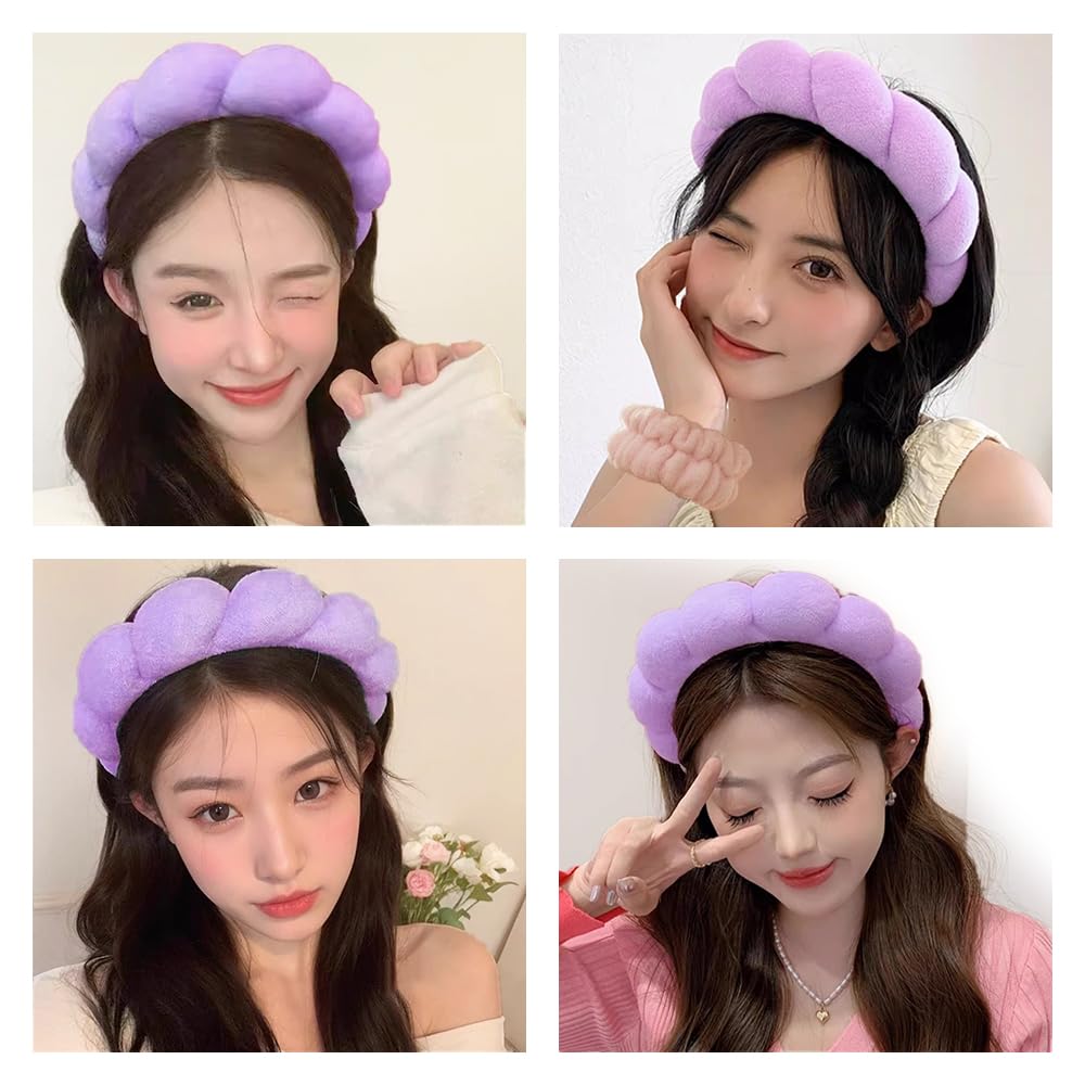 Spa Headbands for Washing Face Wristband Set Sponge Makeup Skincare Headband Wrist Towels Bubble Soft Terry Towel Cloth Hairband for Women Puffy Headwear Non Slip Thick Thin Hair Headwear (Purple)