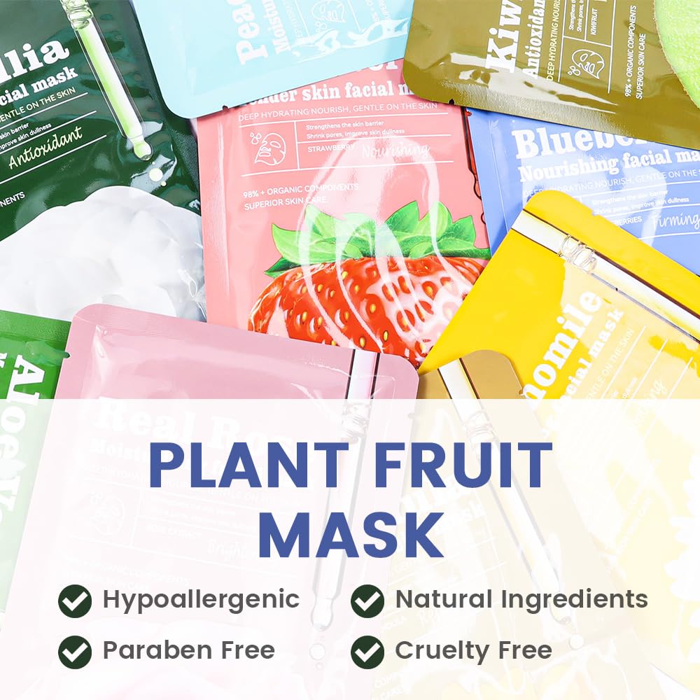 Face Masks Skincare,Facial Masks for Women Skin Care,Sheet Masks Beauty with Natural Ingredients,Birthday Party Spa Gift for Kids Teens Girls,Hydrate Nourish Soothe for All Skin Types 8 Pack