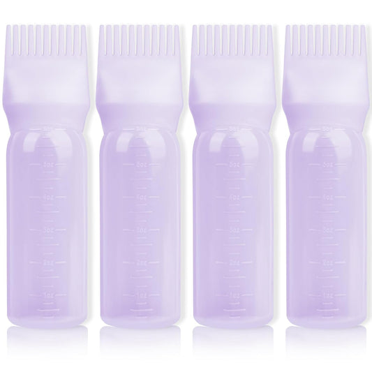 BLAAROOM Root Comb Applicator Bottle 6 Ounce, 4 Pack - Hair Oil Applicator with Root Comb Brush for Scalp Hair Oiling - Purple