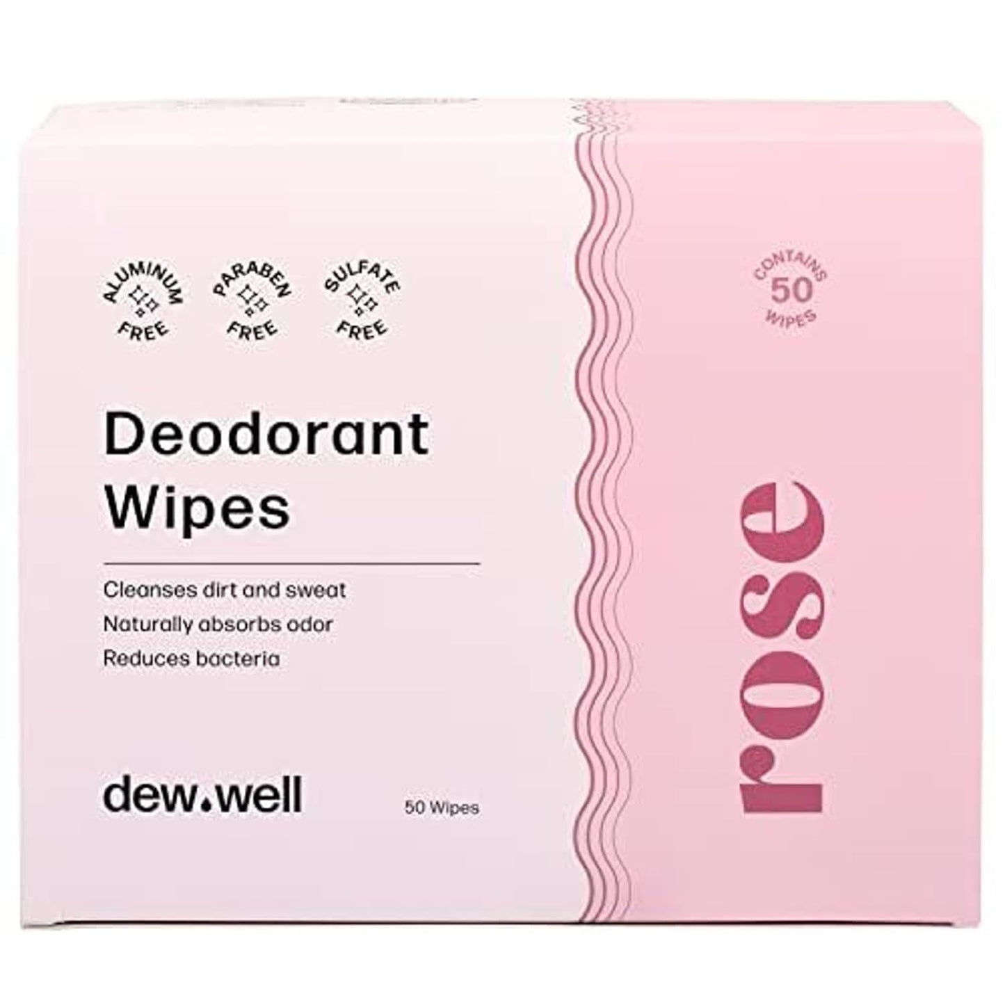 Dew Well Deodorant Wipes - Individually Wrapped Armpit Wipes - Aluminum Free Body Sheets with Natural Extracts - Rose Towelette for Travel - 50 Count, Pack of 1, Rose