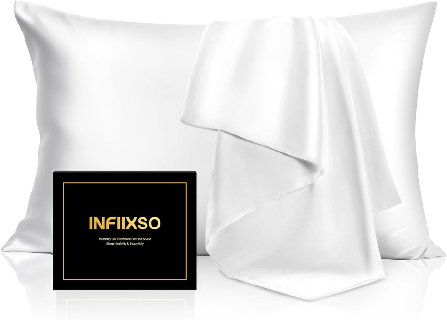 INFIIXSO Mulberry Silk Pillowcase for Hair and Skin, Silk Pillow Cases King Size with Hidden Zipper 20x40 Inches, Extraordinary Smooth and Soft Cooling Pillow Cases for Hot Sleepers(White, 1 Pack)