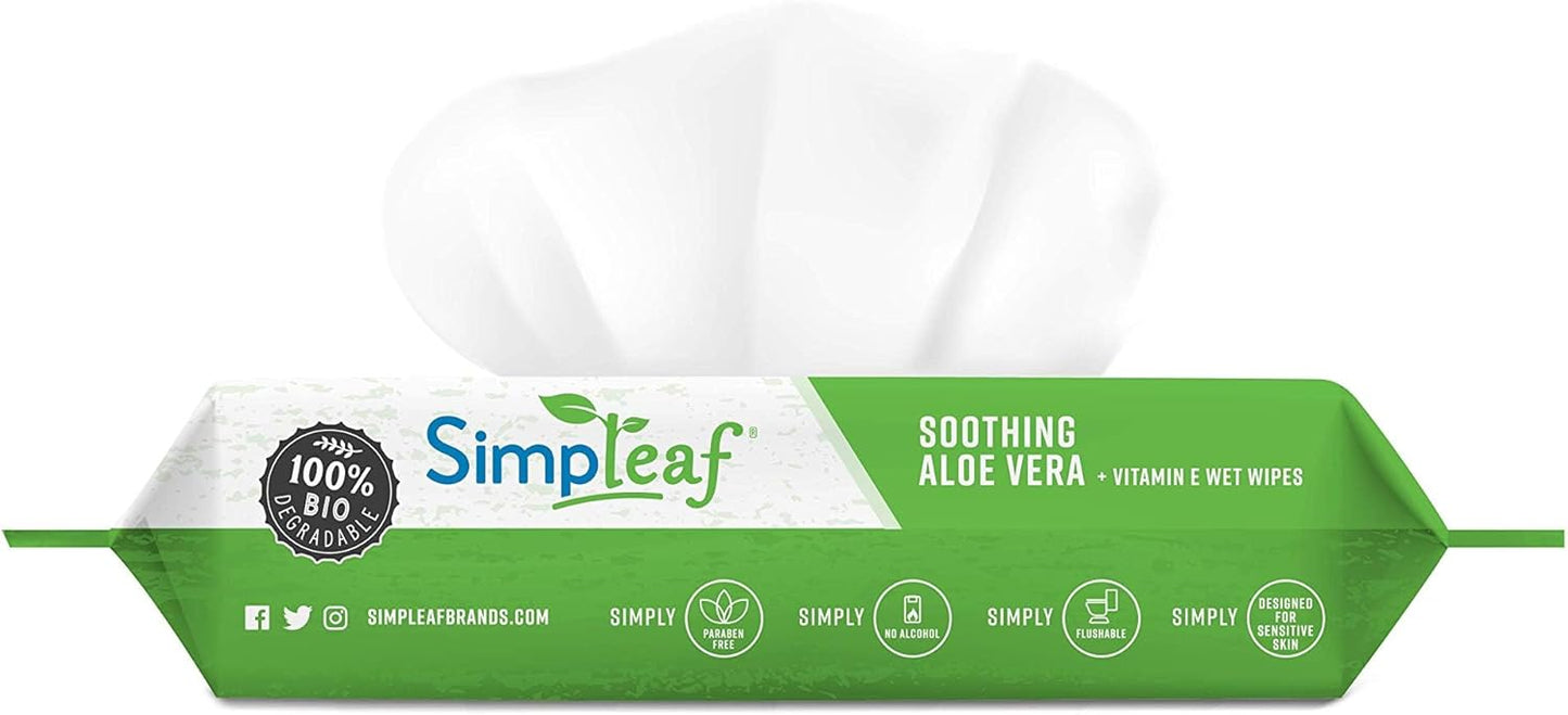 Simpleaf Flushable Wet Wipes Aloe Vera| Eco-Friendly, Paraben & Alcohol Free | Hypoallergenic & Safe for Sensitive Skin | Soothing Aloe Formula | (12 x 25 Counts Convenient Pack) 300 Counts Total