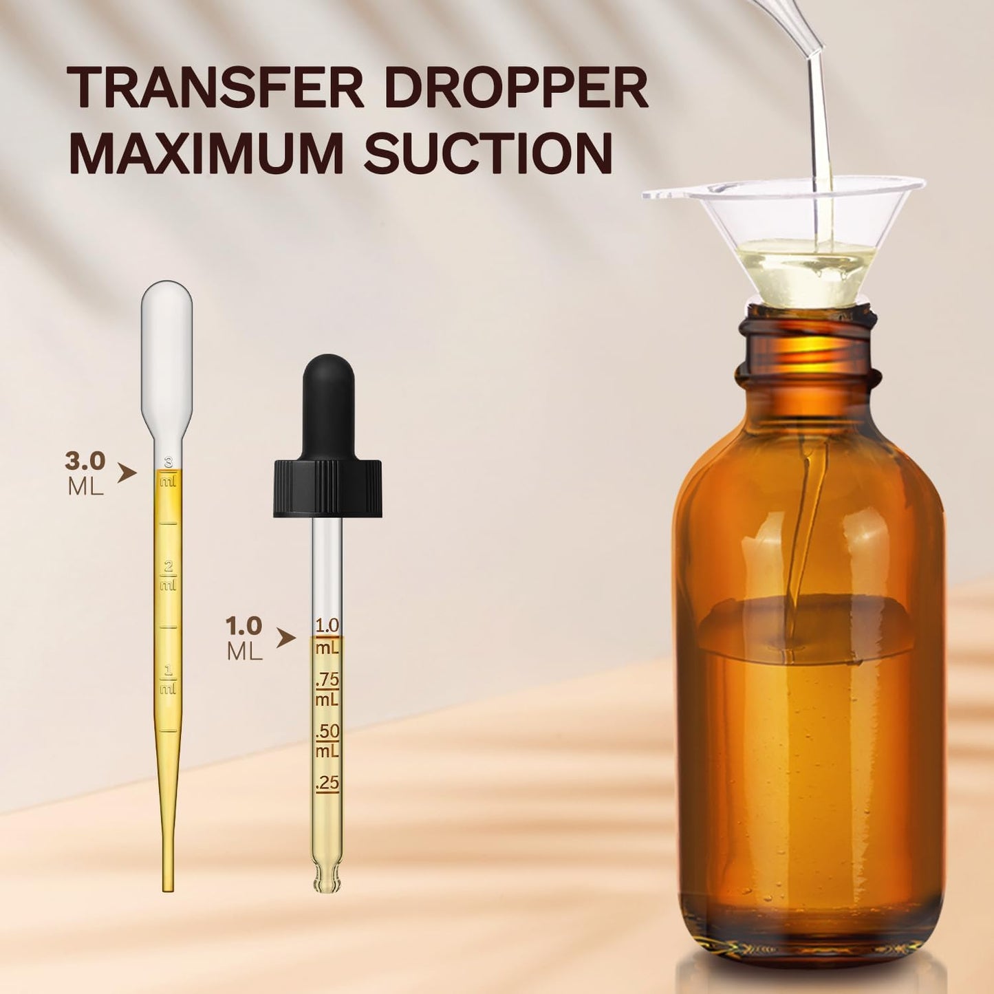 Bumobum 48 Pack, 2 oz Amber Glass Dropper Bottle with Measured Eye Dropper, 1 Funnel, 1 Pipette, 48 Labels, Tincture Bottle with Glass Eye Dropper - Leakproof Essential Oils Bottles