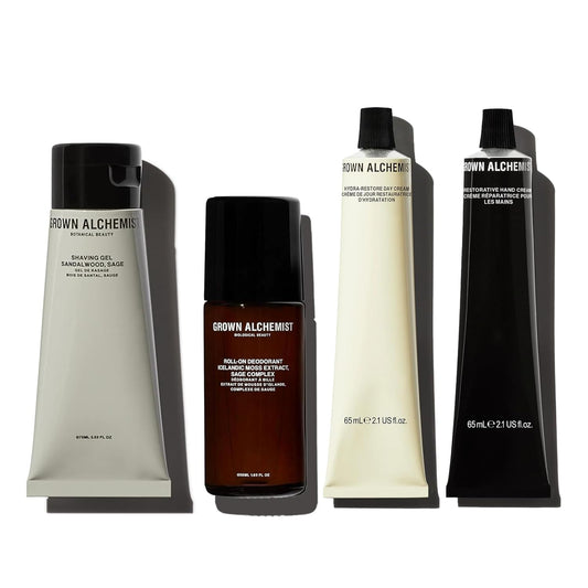 Grown Alchemist Complete Men's Collection Bundle. Shave Gel (75ml) +Deodorant (50ml) +Hydra-Restore Day Cream (65ml) +Restorative Hand Cream (65ml)