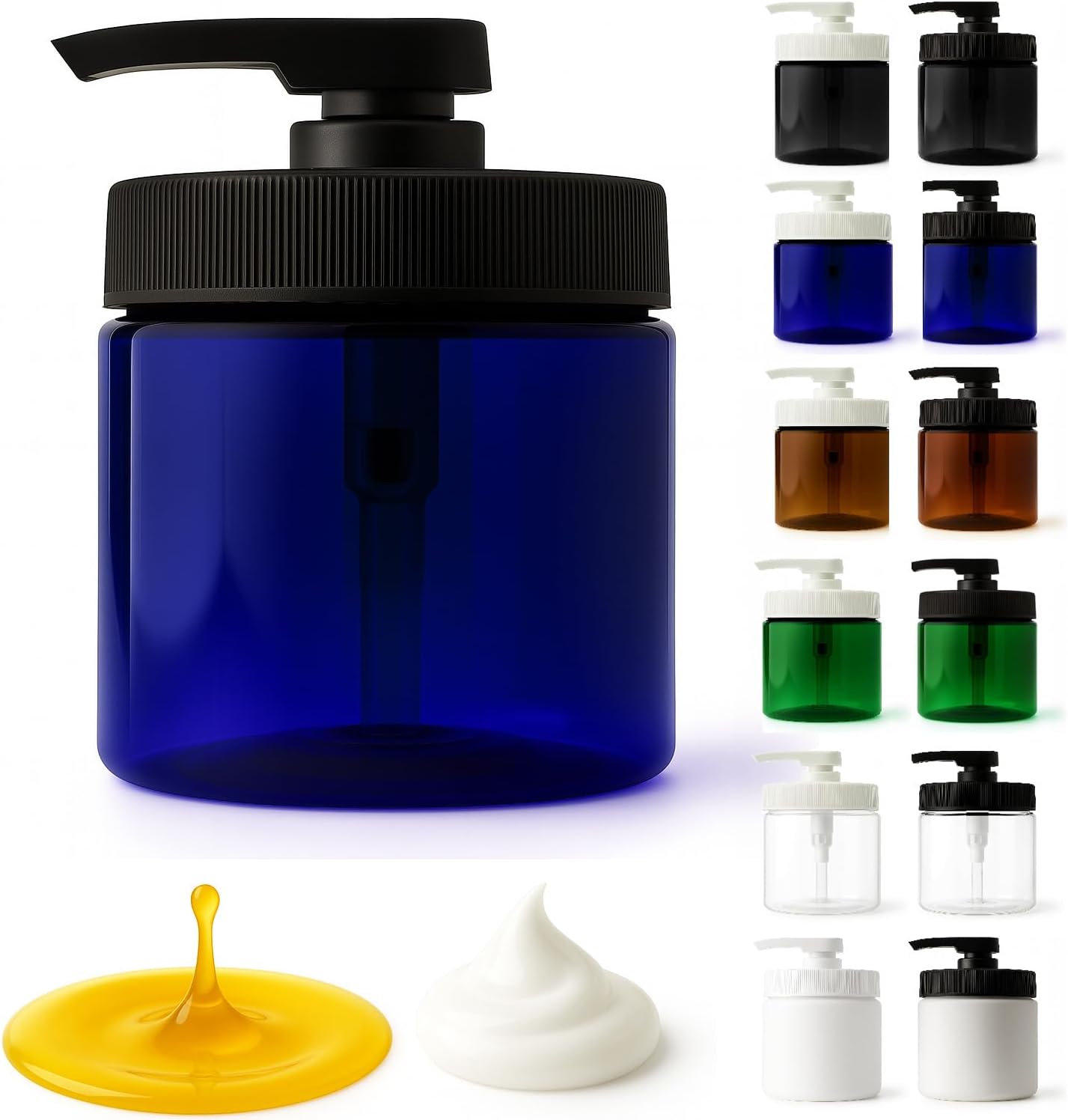 Royal Massage 16oz Refillable Pump Jar with Locking Dip Tube Dispenser – BPA-Free Plastic Container for Massage Oils, Lotions, Creams – Ribbed Lid Wide-Mouth Jar – Durable & Reusable (Blue/Black, 3)