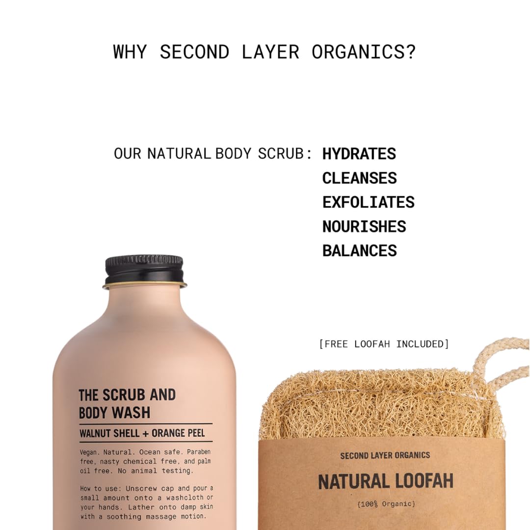 All Natural Body Scrub 10oz - Body Exfoliator with Walnut Shells and Orange Peel - Nourishing Cleanser & Body Scrub - Clean Beauty - Vegan Body Care - Organic Loofa Included