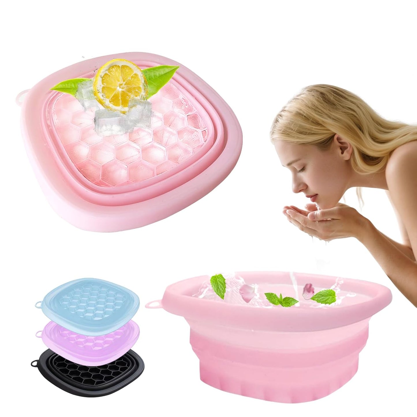 Face Bowl for Ice with Built-in IceTray,Collapsible Silicone Face Ice Bowl – Cold Plunge Therapy for Skin Tightening & Facial Treatment– Portable Spa Tool for Home & Travel（Pink) ﻿