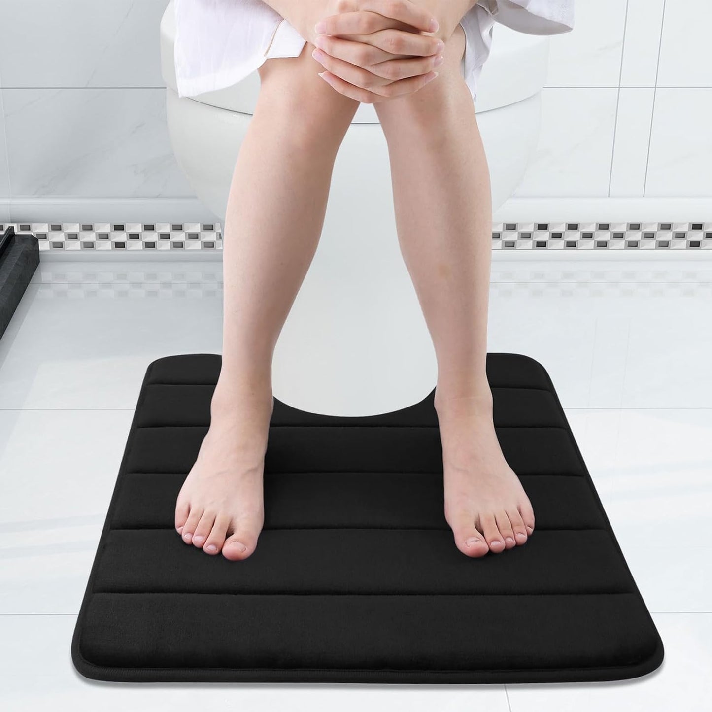 Buganda Memory Foam U-Shaped Contour Toilet Rugs, Non Slip Absorbent, Thick Soft Washable Bathroom Mat, Floor Carpet Bath Rugs Mat for Toilet Base (24" x 20", Black)