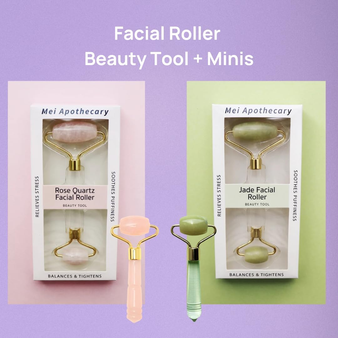 Mei Apothecary Rose Quartz Facial Roller, Authentic Face Roller for Puffiness, Depuffing Eye Roller & Face Massage Tool