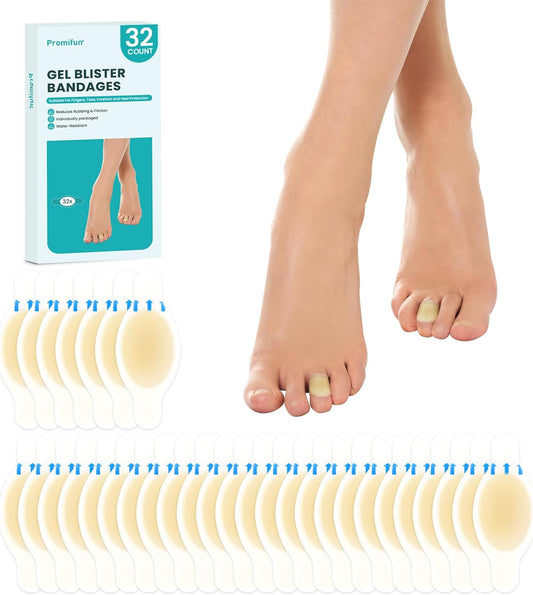 Hydrocolloid Gel Blister Bandages Pads - Promifun Waterproof Adhesive Blisters Bandages - Blister Pads for Heel, Foot, Toe, Feet - Gel Blister Chshions for Prevention & Recovery (32ct,Toe Pack)
