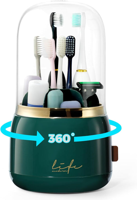 Toothbrush Holders for Bathrooms, Rotating 7 Slots Toothbrush Holder with Cover, Kids Electric Toothbrush and Toothpaste Holders for Caddy for Bathroom Vanity, Sink, Countertop, Dark Green