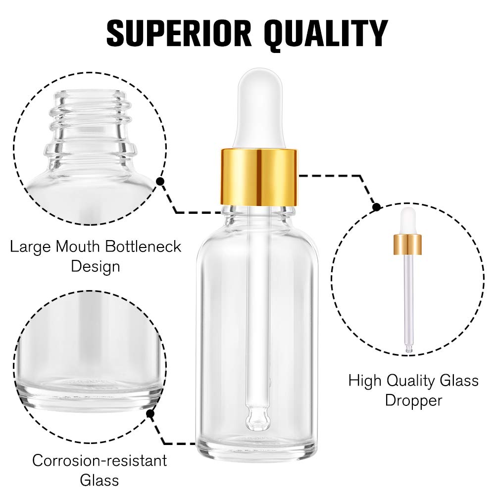 PrettyCare Glass Eye Dropper Bottles 24 Pack, 1oz (30ml) Clear Empty Thick Bottles Bulk with Leakproof Golden Caps - With Labels & Funnels for Storage, Travel, Essential Oils, Cuticle Oils, Tinctures