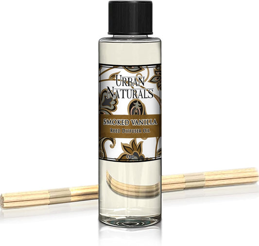 Urban Naturals Smoked Vanilla Scented Oil Reed Diffuser Refill with Free Set of Reed Sticks! A Vanilla Bean, Sandalwood & Leather Scent, 4 oz