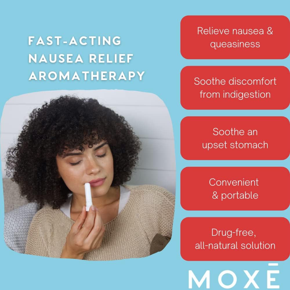 MOXE Nausea Nasal Inhaler Sticks, All Natural Essential Oil Blend, Ginger, Cardamom, Peppermint, Sweet Orange, Upset Stomach, Headaches, Easy-to-Use Portable Aromatherapy, Made in USA, 3 Pack