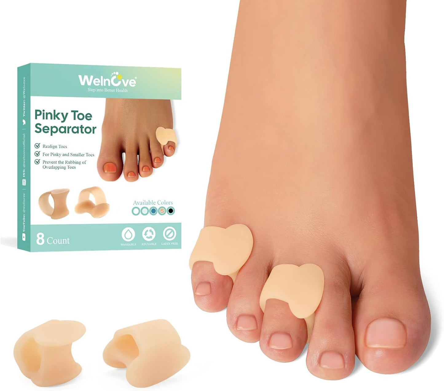 Welnove Gel Toe Separator - 8 Pack Pinky Toe Spacers - Little Toe Cushions, Small Sleeves for Preventing Rubbing & Reducing Pressure (Beige)
