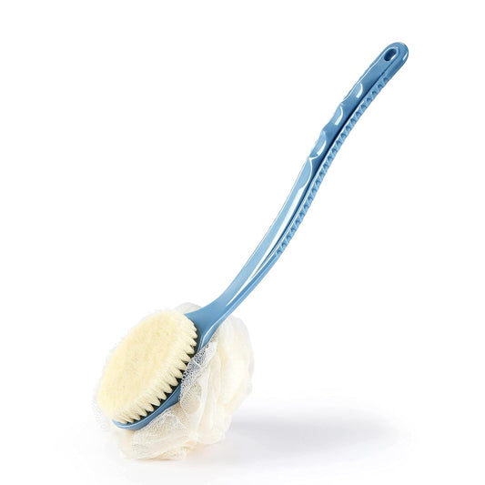 Shower Body Brush with Bristles and Loofah,Back Scrubber Bath Mesh Sponge with Curved Long Handle for Skin Exfoliating Bath, Massage Bristles Suitable for Wet or Dry, Men and Women (Blue)