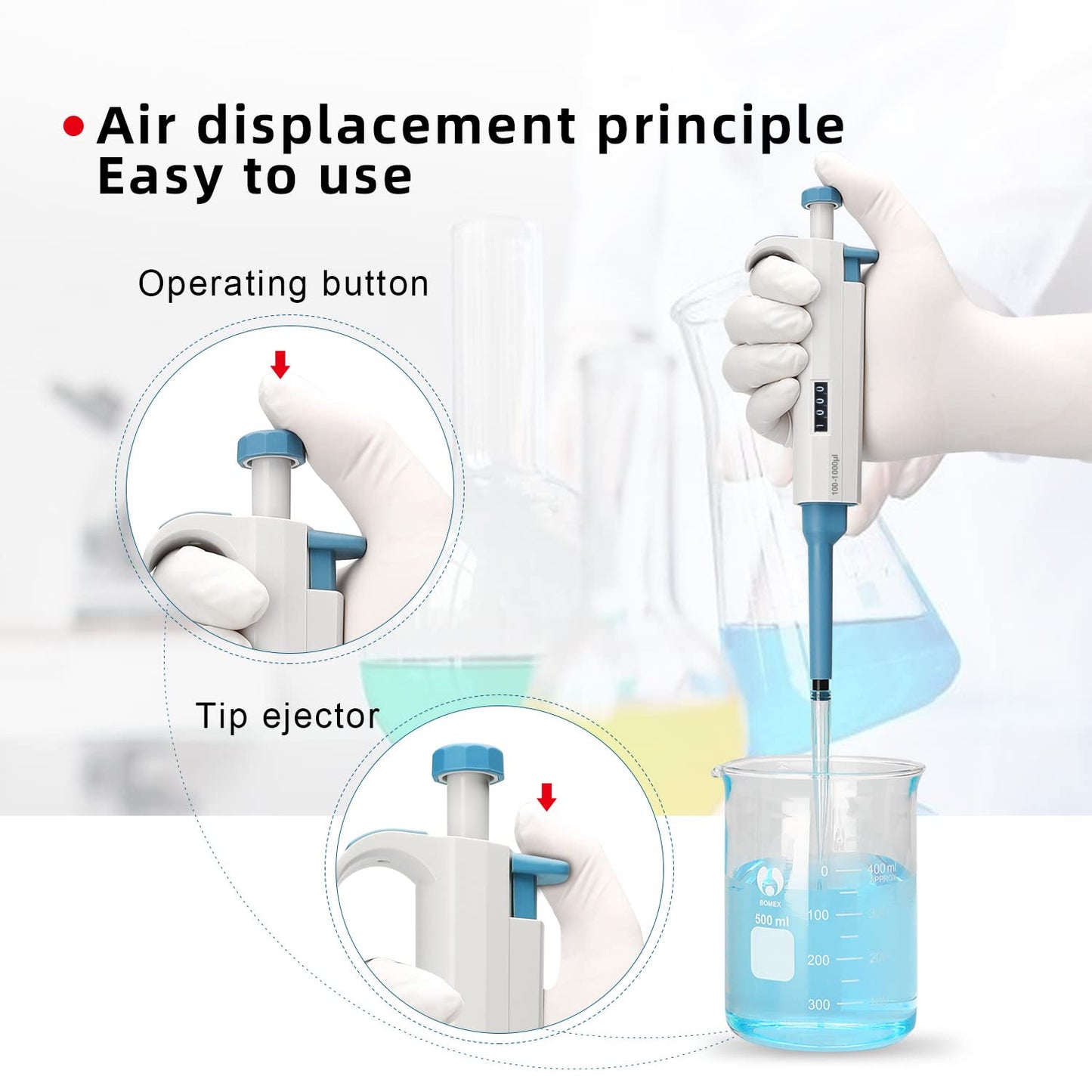 Micropipette kit, 0.5-10ul 10-100ul 100-1000ul, Adjustable Single Channel Pipette, 3 Pieces, Pipette Stand, 3 Racks of sterile Pipette Tips (SC Pipettors-3pcs-Set A)