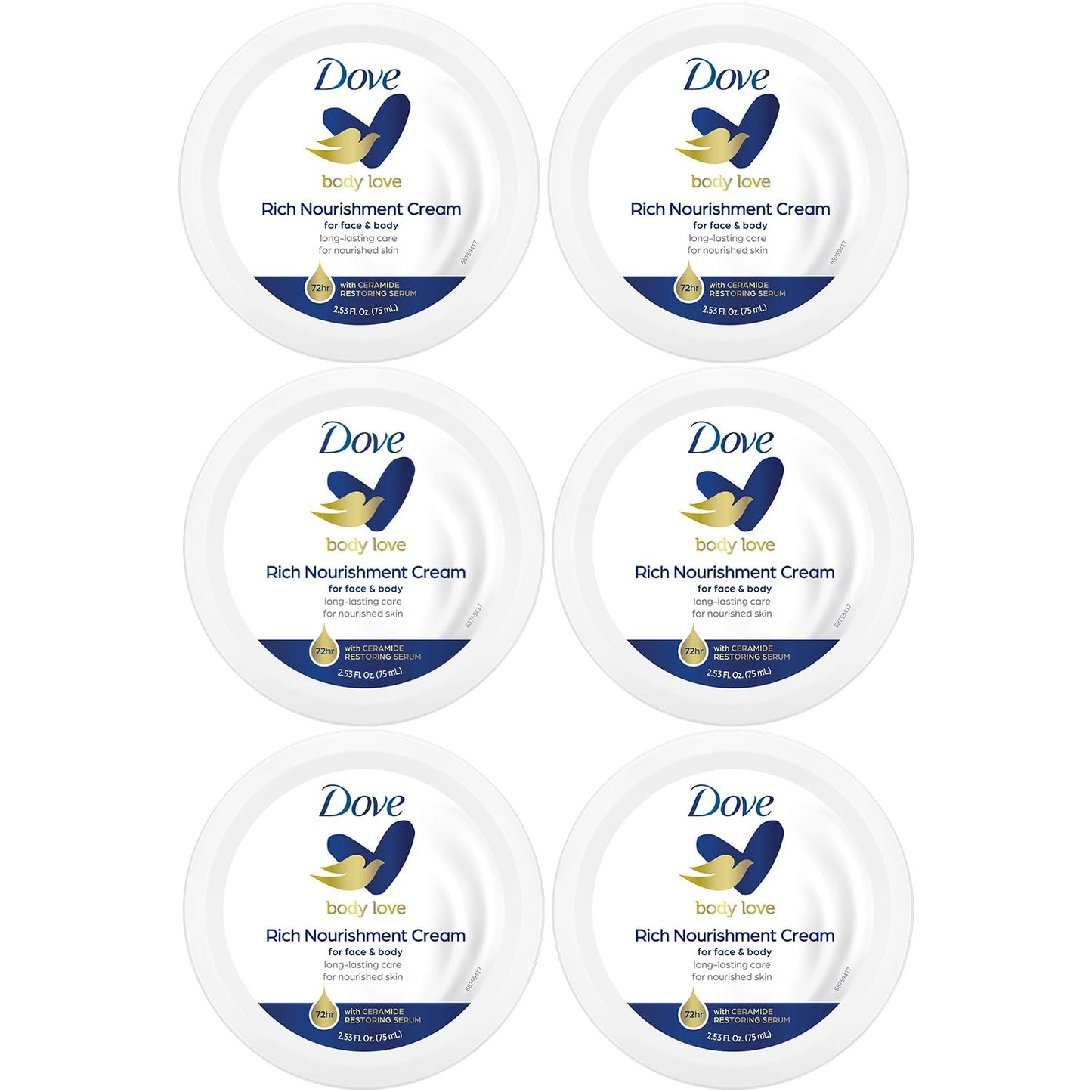 Dove Body Love Rich Nourishment Cream, Face, Hand & Body Lotion for Extremely Dry Skin, Fast-Absorbing 72-Hour Moisturizing Cream with Ceramide Serum, Travel Size, 2.53 Oz (Pack of 6)