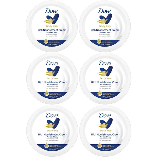 Dove Body Love Rich Nourishment Cream, Face, Hand & Body Lotion for Extremely Dry Skin, Fast-Absorbing 72-Hour Moisturizing Cream with Ceramide Serum, Travel Size, 2.53 Oz (Pack of 6)
