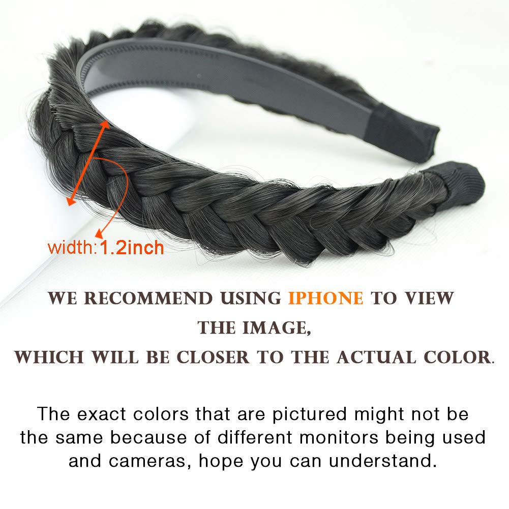 DIGUAN Headband Synthetic Hair Plaited Headband Braid With Teeth Hair Band Accessories for Women Girl Width 1.5 Inch (W-Natural Black)