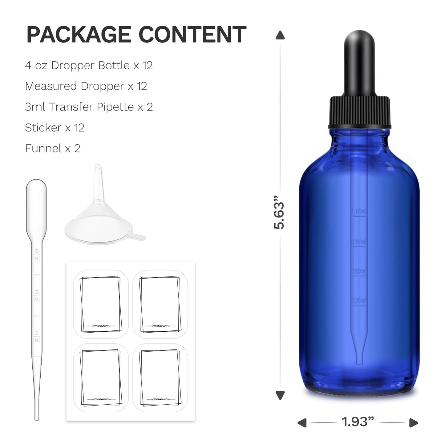 Bumobum Dropper Bottles 4 oz, 12 Pack Glass Tincture Bottles with Dropper for Essential Oils with Funnel, Labels & Pipette (Unbreakable Plastic Eye Dropper)