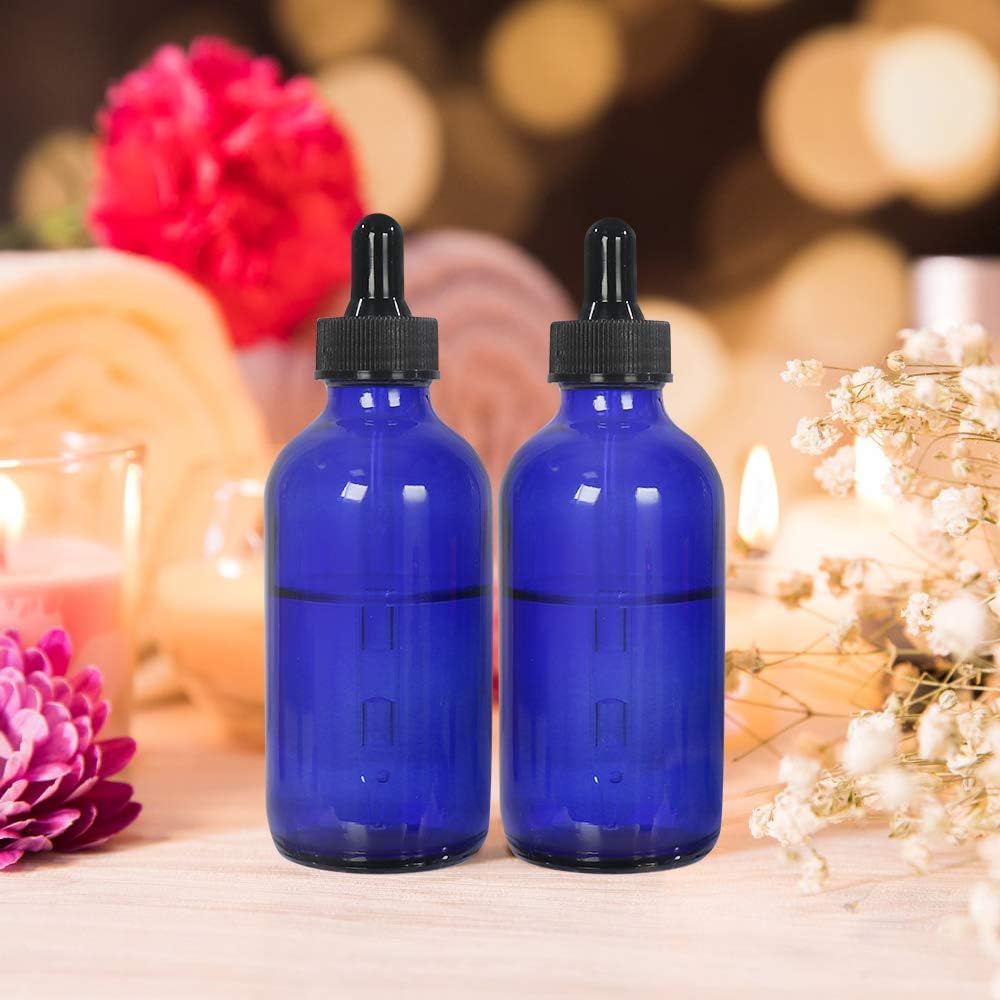 CycleMore 16 Pack (120 ml) 4 oz Blue Boston Bottles with Glass Eye Droppers, Glass Dropper Bottles for Essential Oils & Lab Chemicals & More Liquids Ideal for Mom & Friends